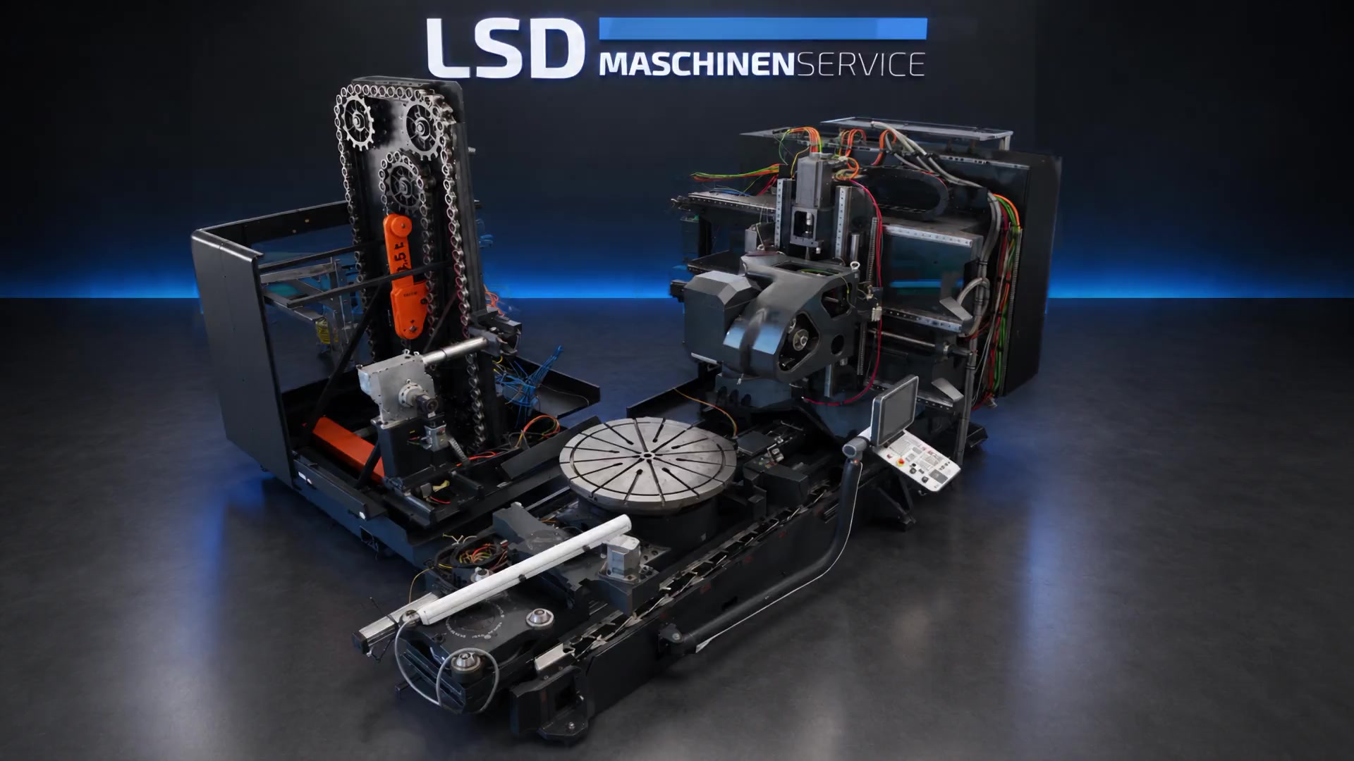 DMC 125 FD duoBLOCK, in Baugruppen zerlegt, im dunklen Studio vor der LSD-Wandschrift